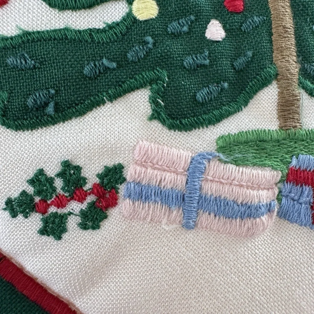 Vtg Linen‎ Embroidered Potholders Christmas Tree Cottagecore Traditional 80s Nos